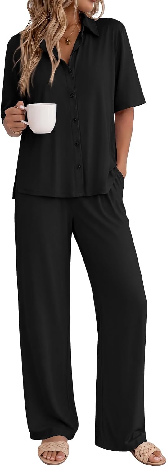 Ekouaer Pajamas for Women Set Button Up Short Sleeve Pjs with Long Pants