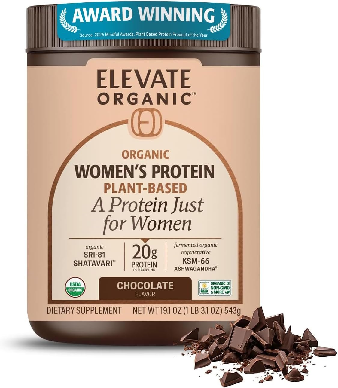 Women’s Organic Pea Plant Vegan Protein Powder, Chocolate, 20g Protein