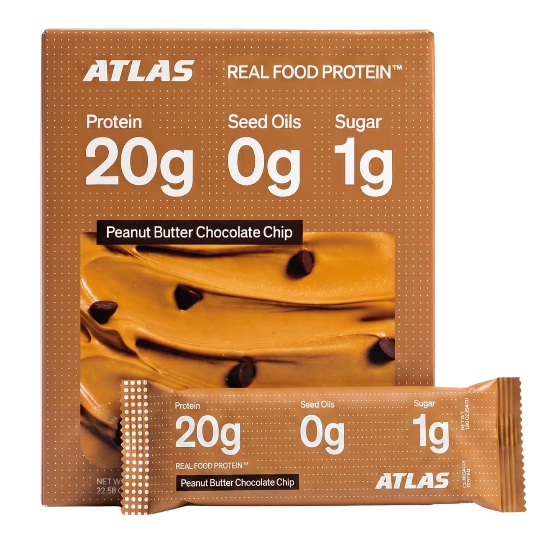 Atlas Real Food High Protein Bars – 20g Protein, 12g Fiber, 1g Sugar, Clean Ingredients, No Added Sugar, No Seed Oils, No Artificial Sweeteners (Peanut Butter Chocolate Chip, 12 Count)