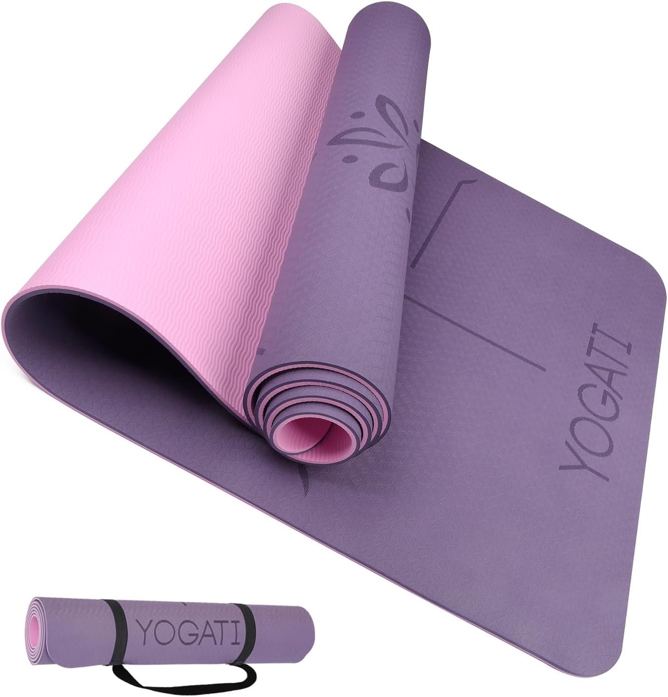 YOGATI® Yoga Mat with Strap with Alignment Lines. Home Workout Mat for Women, Men and Kids. Thick Non Slip Yoga Mat for Pilates and Fitness. Brown, Pink and Purple Yoga Mats