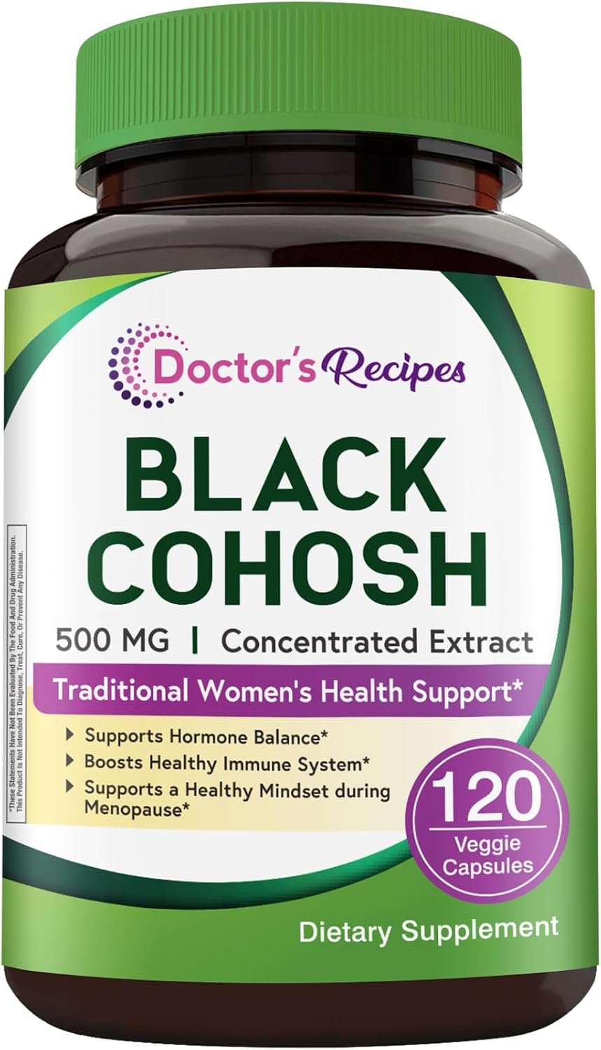 Doctor’s Recipes Black Cohosh Root, 500mg, Concentrated Extract, Natural Menopausal Support for Women, Vegan, 120 Capsules, Non-GMO