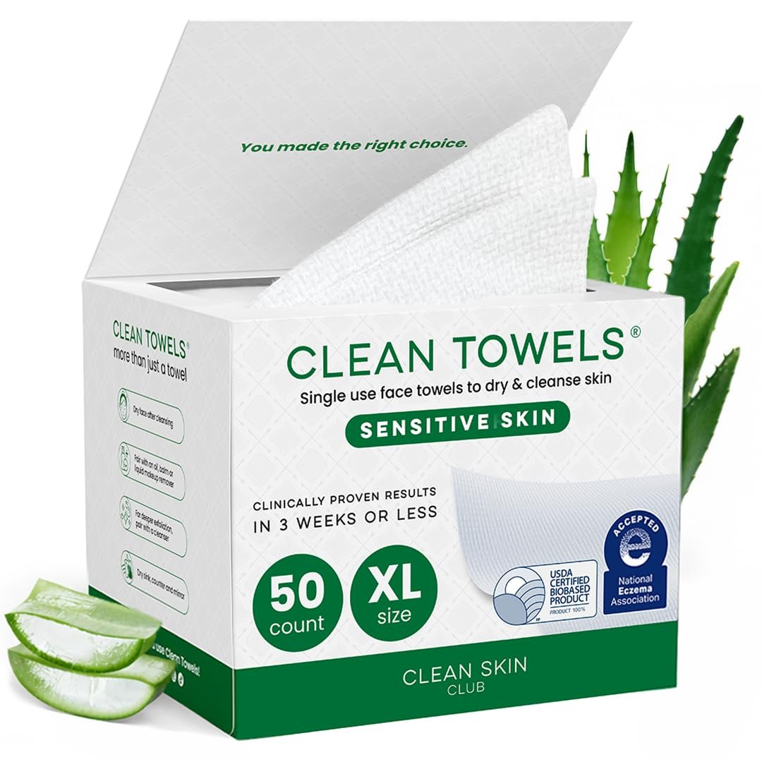 CLEAN SKIN CLUB Sensitive Skin Clean Towels® XL, Ultra-Soft Disposable Face Dry Wipes Infused with Aloe & Glycerin, XL – 1 Pack (50 count)