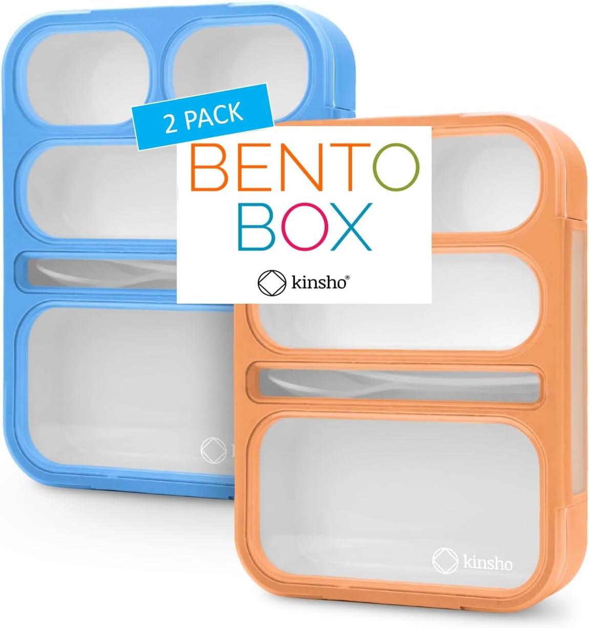 kinsho Bento Box For Adults Kids, Lunch-Boxes Portion Control Container for Women Men Girls Boys | Leakproof Snack Containers for School BPA Free Utensils 5 Compartments | Blue, Orange