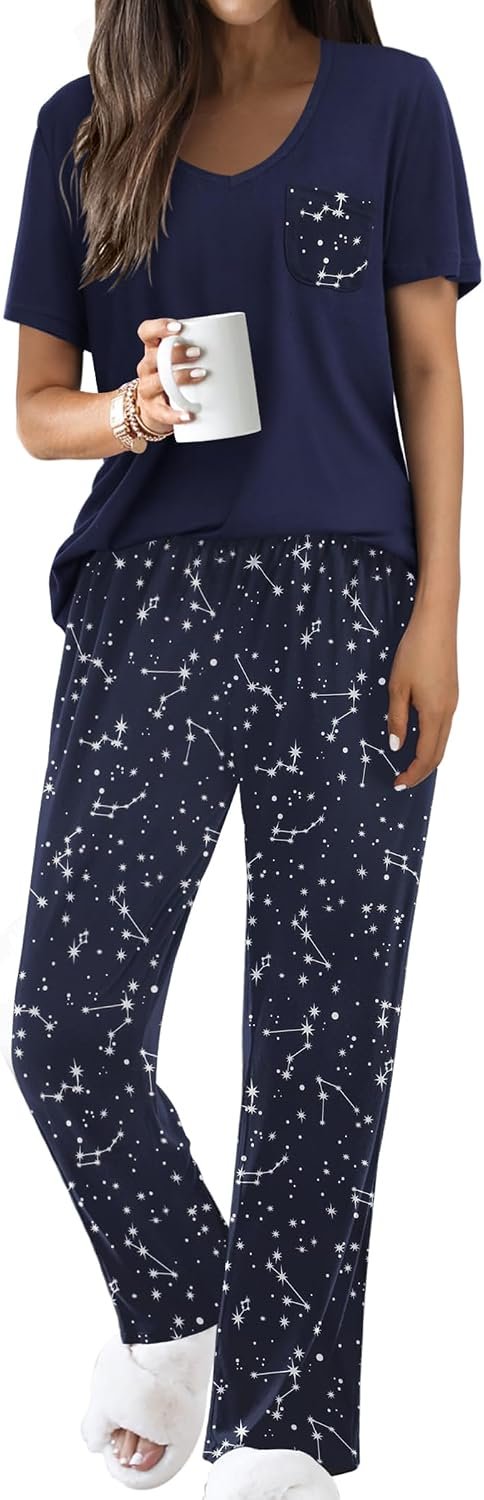 Ekouaer Pajama Sets for Women 2 Piece Short Sleeve Pj V Neck Chest Pocket