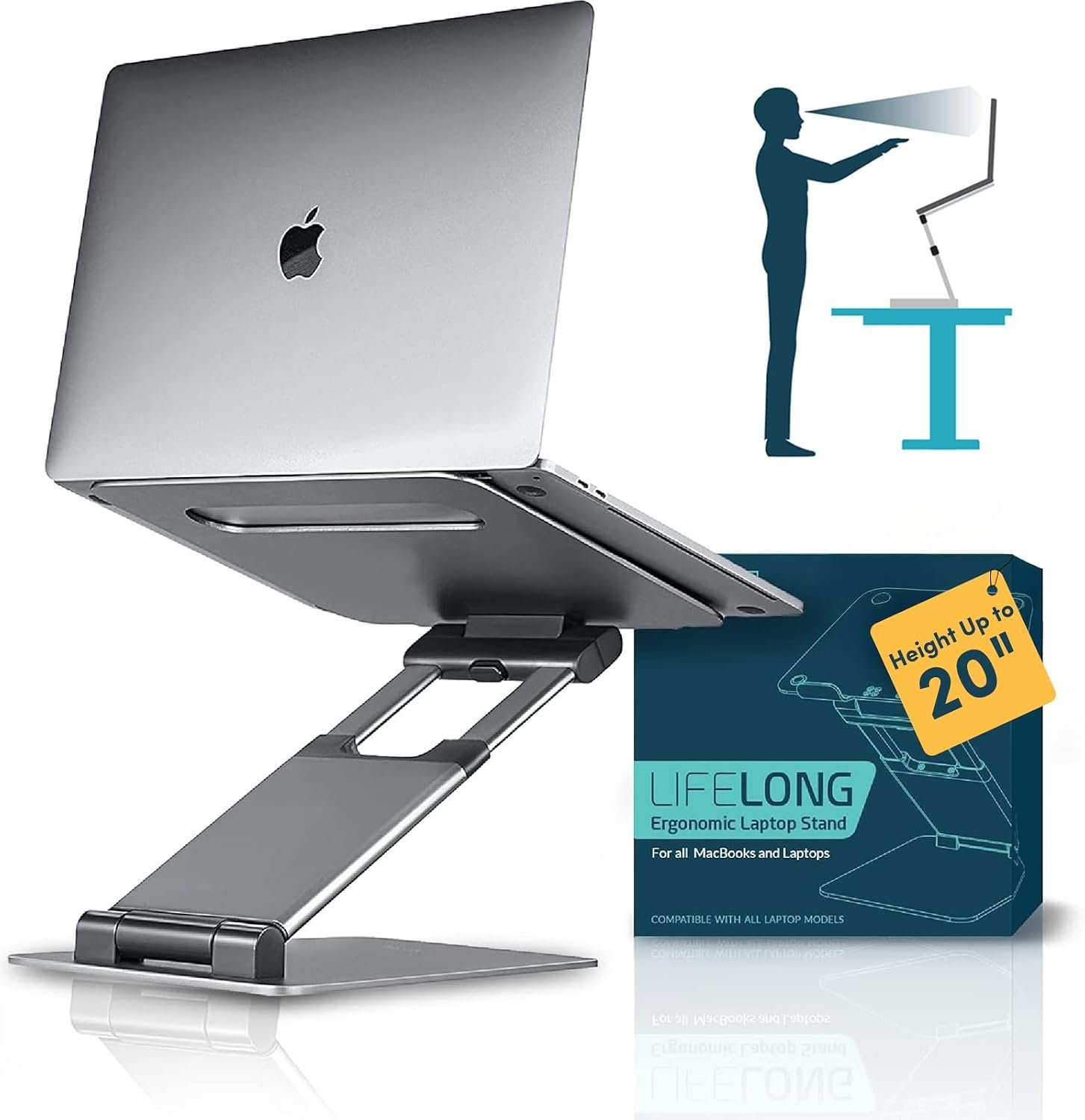 Lifelong Aluminum Adjustable Laptop Stand, Extra Tall 20″ Riser, Grey