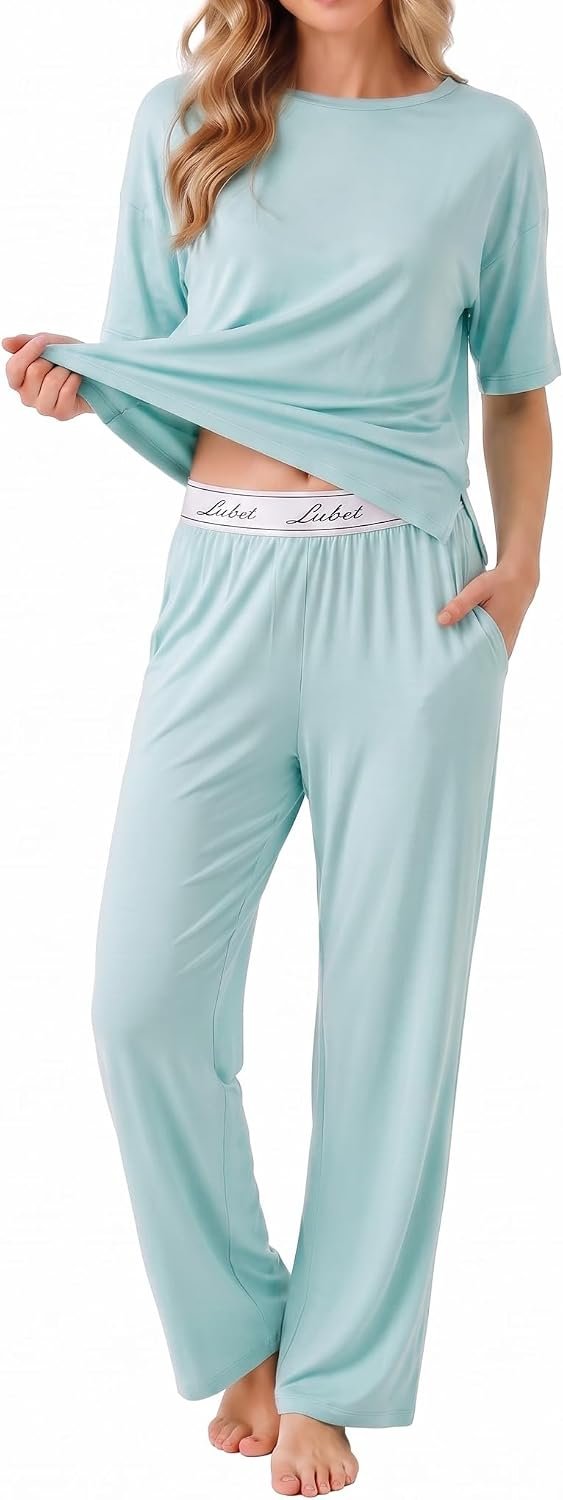 LUBOT 2026 Womens Pajamas Sets Bamboo Viscose Soft Breathable 2 Piece Pjs Short Sleeve Pants Loungewear Sleepwear