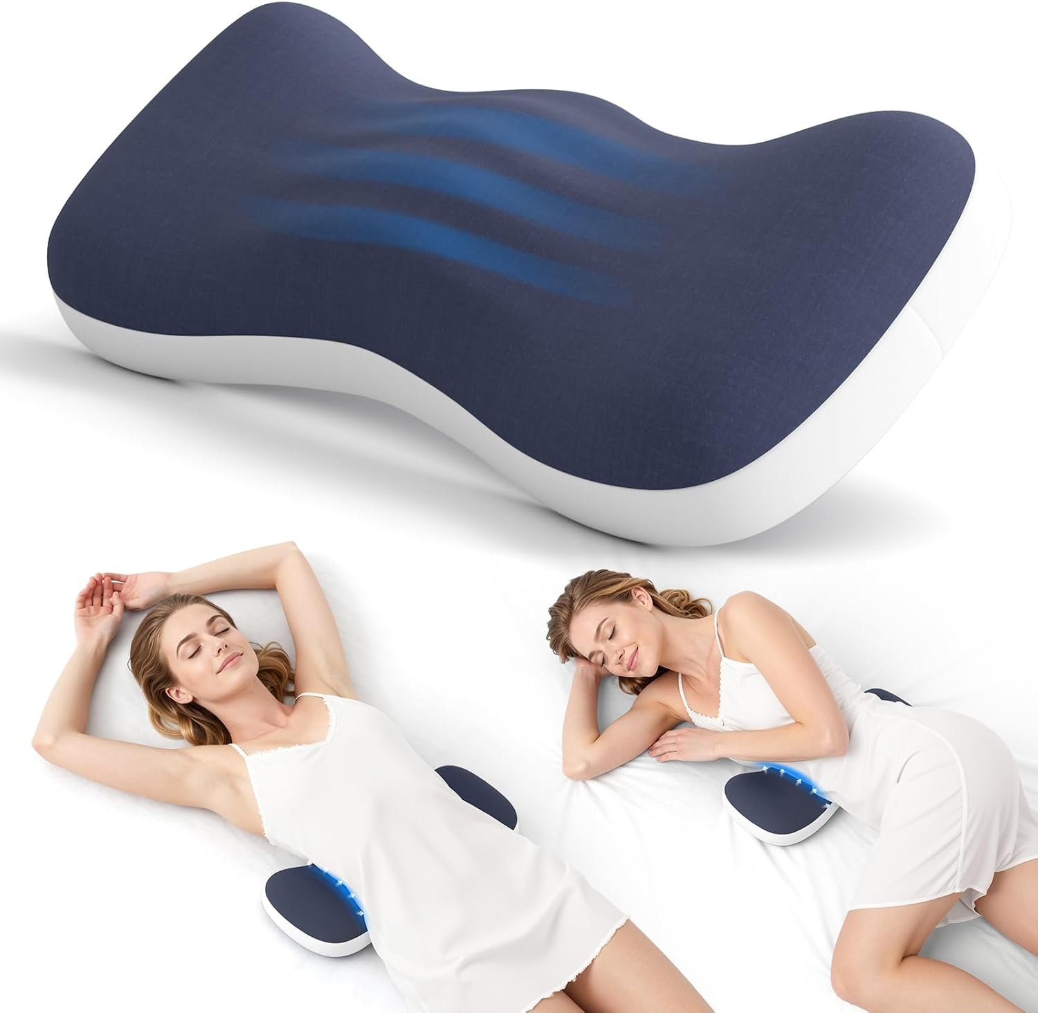 Lumbar Support Pillow for Bed, Memory Foam Pillow for Back Pain Relief, Lower Back Pain Relief Pillow for Sleeping, Adjustable Lumbar Pillow for Sleeping, Bed, Car, Couch (White – Navy Blue)