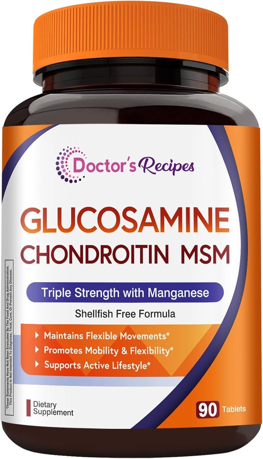 Doctor’s Recipes Glucosamine Chondroitin MSM and Manganese Supplement, 1800 mg Glucosamine HCl, NO Shellfish, Healthy Structure & Movements, Flexibility Support for Men & Women, 90 Tablets