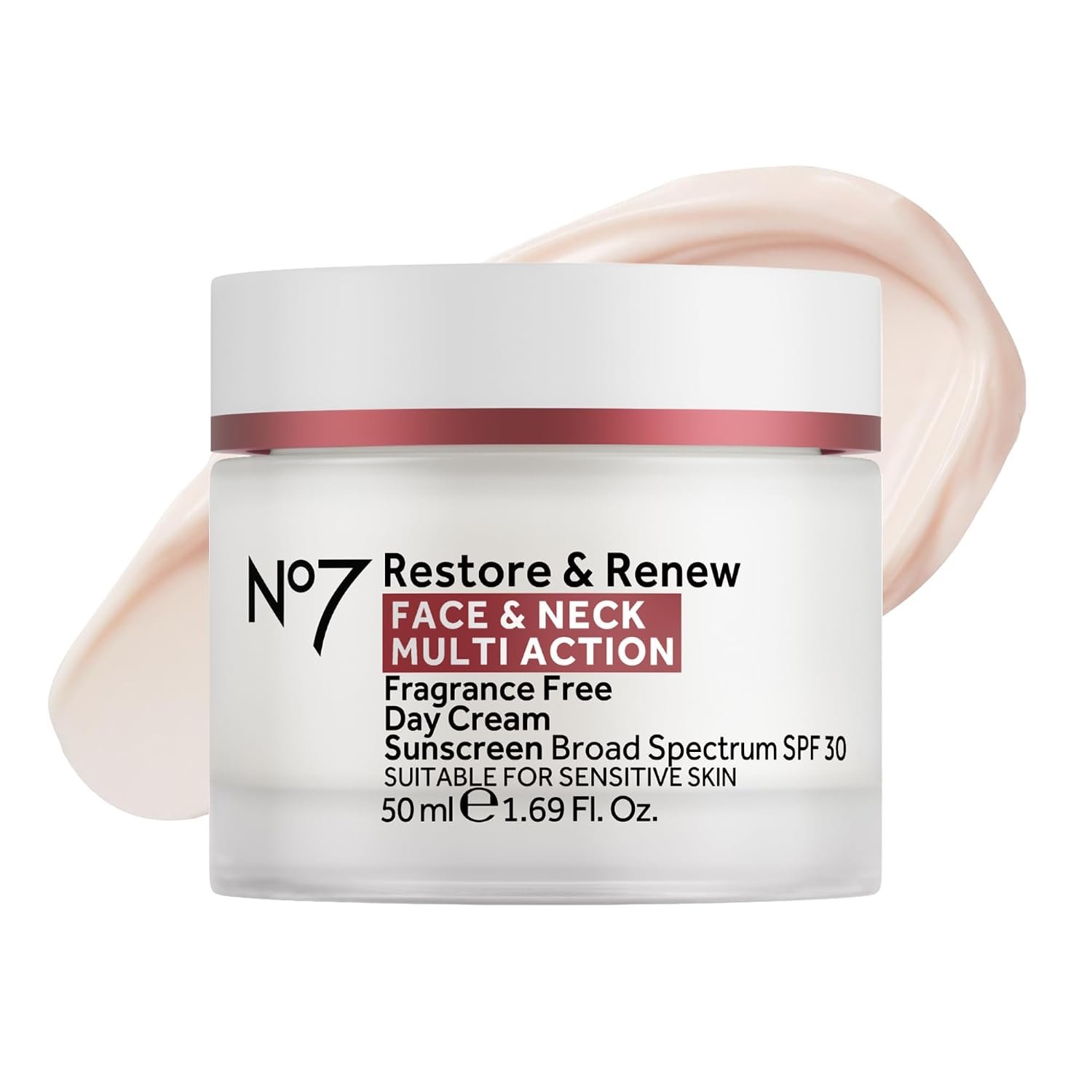 No7 Restore & Renew Multi Action Face & Neck SPF 30 Day Cream – Firming & Hydrating Face Moisturizer with Hyaluronic Acid to Help Reduce the Appearance of Wrinkles – Fragrance-Free (1.69 Fl Oz)