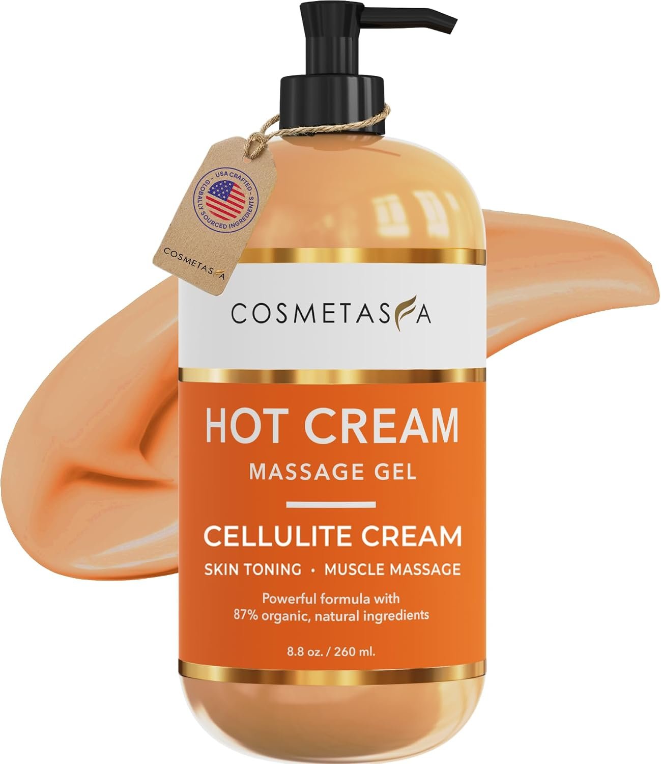 Cosmetasa Cellulite Hot Cream- 87% Organic Cellulite Cream – Natural Sweat Massage Gel for Stomach, Abdomen, Belly, Sore Joints, Muscles, Workout (8.8 oz)