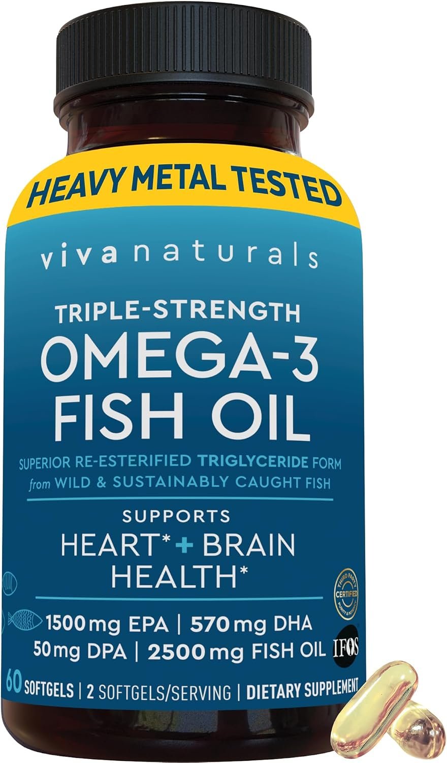 Viva Naturals Omega 3 Fish Oil Supplement for Women and Men – 2500 mg Triple Strength Fish Oil per Serving with Omega 3 Fatty Acids Including EPA, DHA DPA – 60 Pescatarian-Friendly Softgels