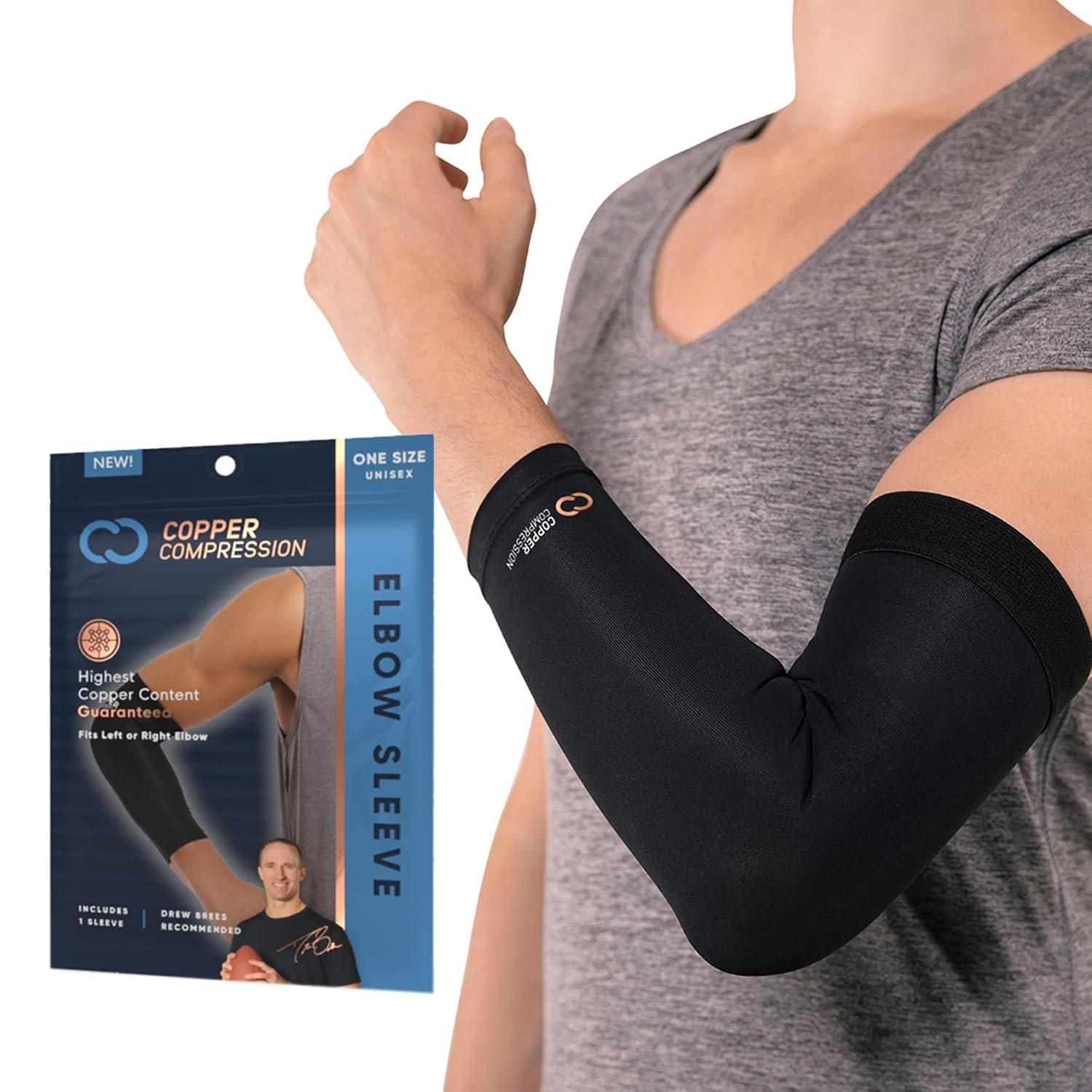 Copper Compression Elbow Sleeve – Copper Infused Orthopedic Brace for Tennis & Golfer Elbow, Tendonitis, Arthritis, Bursitis, Sore Joints & Muscles – Fits Men & Women -1 Sleeve – Original/Black – L