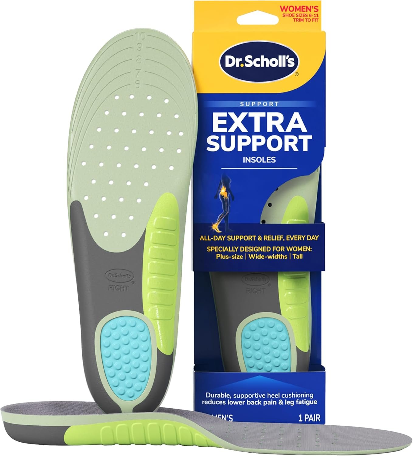 Dr. Scholl’s Extra Support Shoe Insoles for Women, Size 6-11, 1 Pair: Designed for Plus-Size and Tall Women, Arch Inserts – Helps Reduce Lower Back Pain and Foot & Leg Fatigue