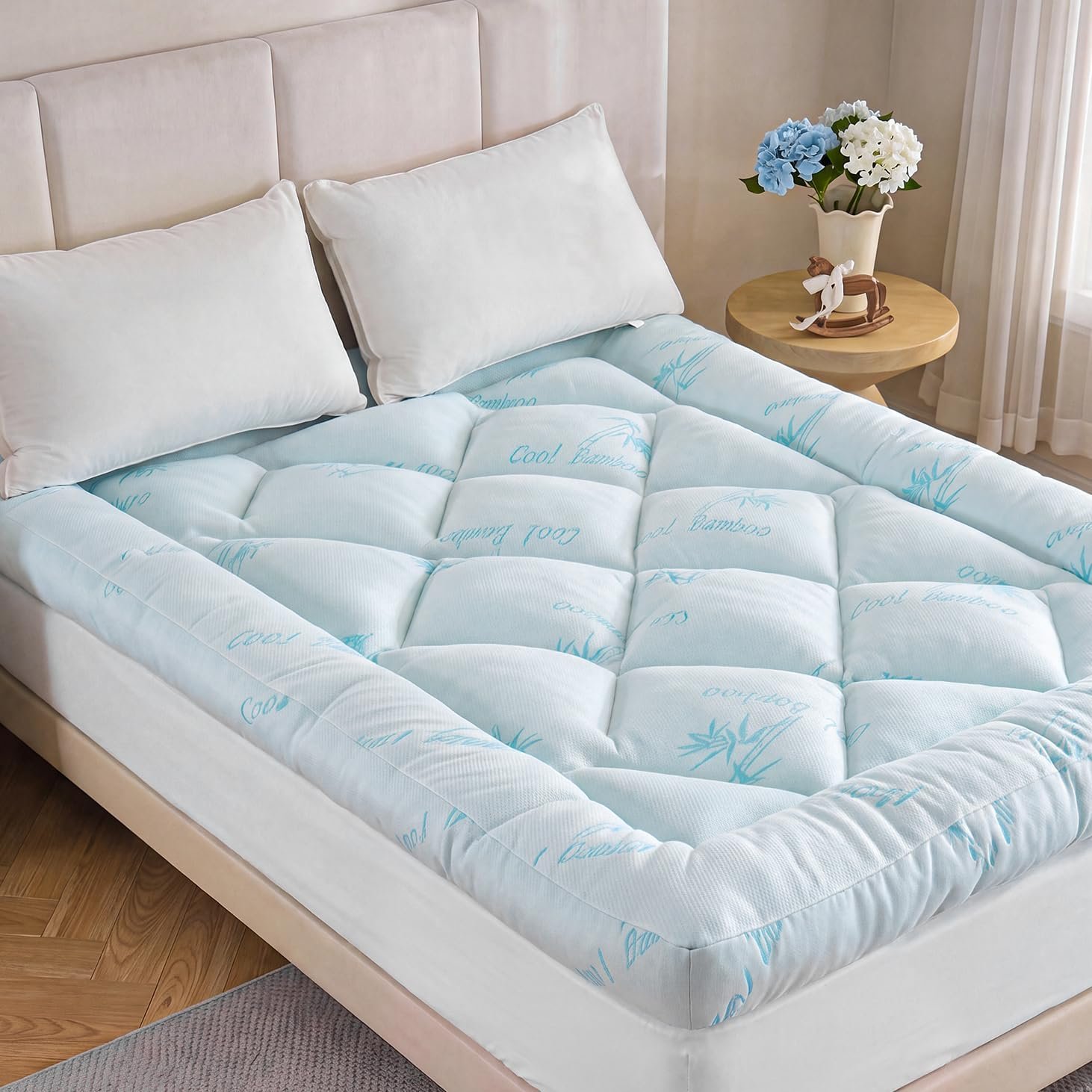 DOWNCOOL 5 Inch Cooling Queen Mattress Topper, Bamboo Viscose Air Layer | Ultra Soft Pillow Top Mattress Pad, 21″ Deep Pocket Elastic Skirt, Back Pain Relief, Perfect for Hot Sleepers, Blue
