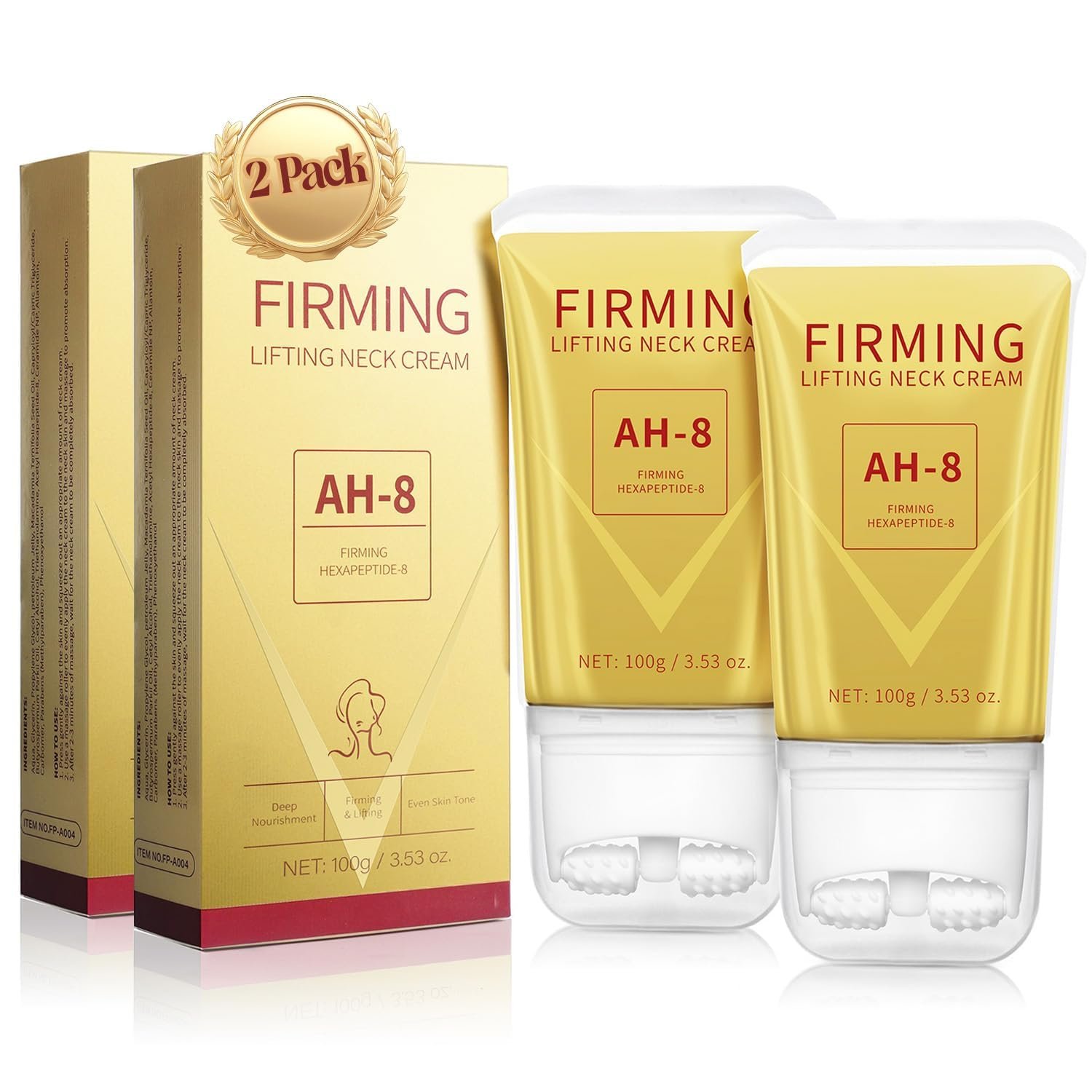 Mtmult AH-8 Firming Neck Cream – Anti-Aging Neck Tightening Cream with Roller Applicator – Reduces Sagging Skin & Fine Lines – Hydrating for Dry Winter Skin – For Women & Men (2PC)
