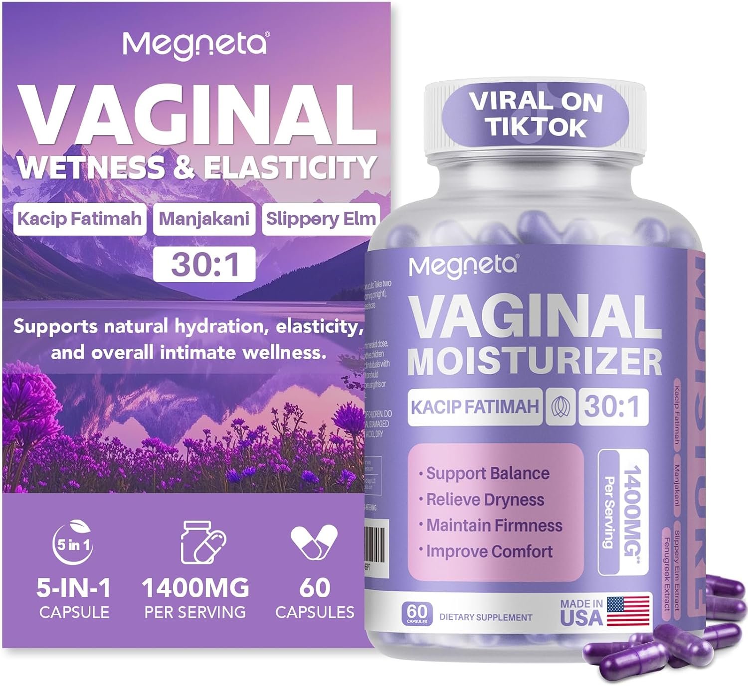 Vaginal Moisturizer, Kacip Fatimah, Manjakani & Slippery Elm, 60 Capsules