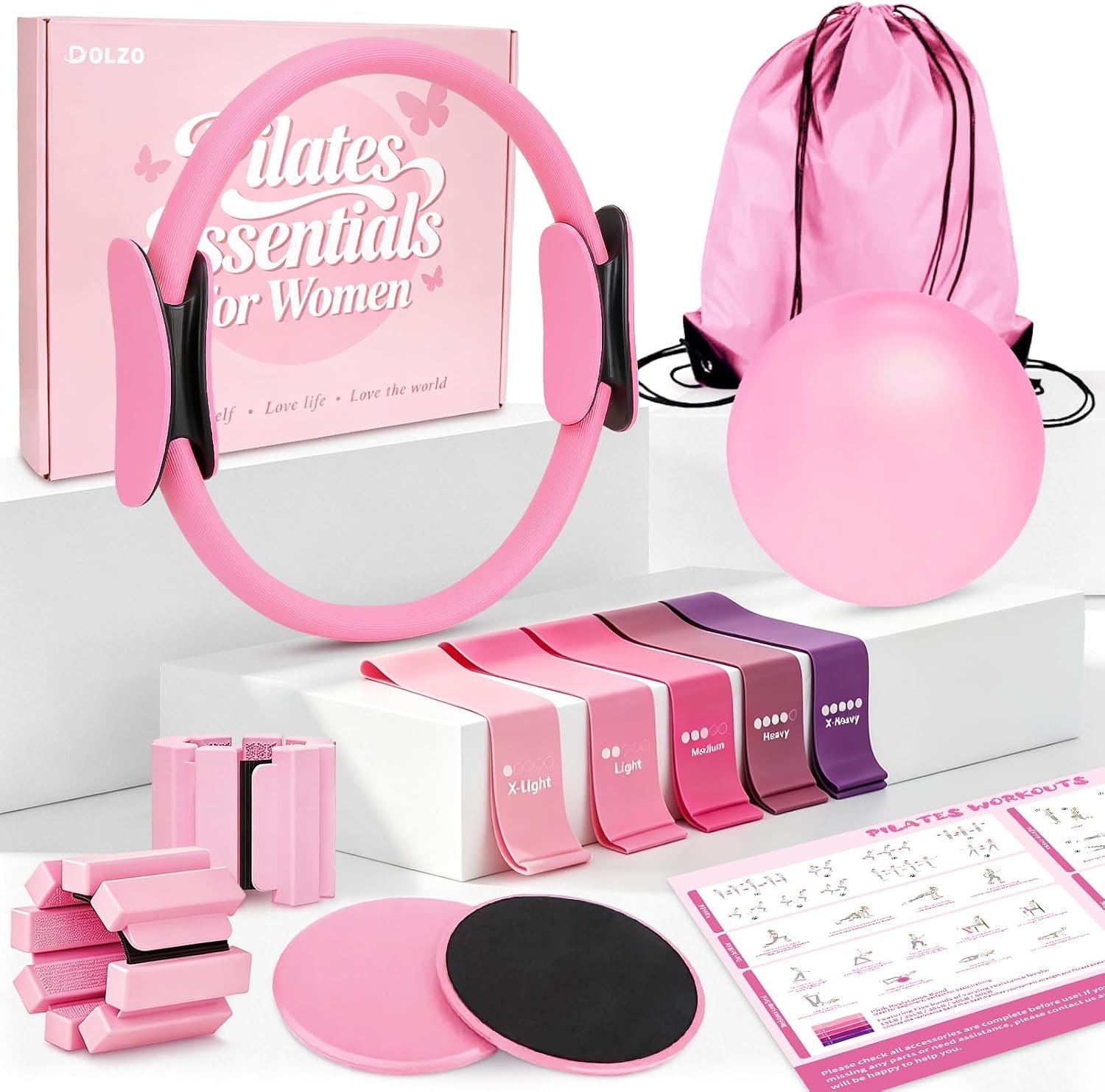 Pilates Kit for Women – Pilates Equipment for Home Workouts with 14″ Pilates Ring & Mini Ball, Resistance Bands, Ankle Weights & Sliders for Full Body Toning, Strength & Flexibility