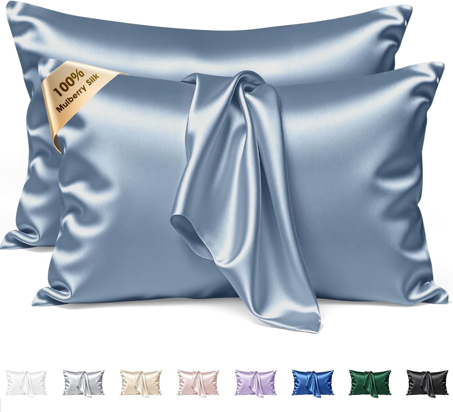 Silk Pillow Cases 2 Pack Queen Size Mulberry Silk Pillowcase Set of 2 for Hair and Skin 30 x 20 Inches 22 Momme Both Side Grade 6A Silk Soft Breathable Cooling with Hidden Zipper, Grey Blue