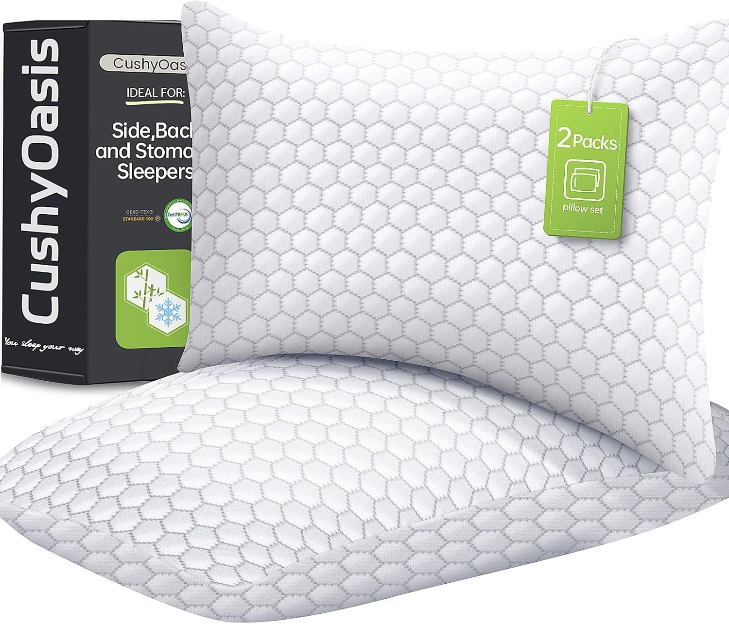 CushyOasis Cooling Pillow for Sleeping, Pillows Queen Size Set of 2, Gray