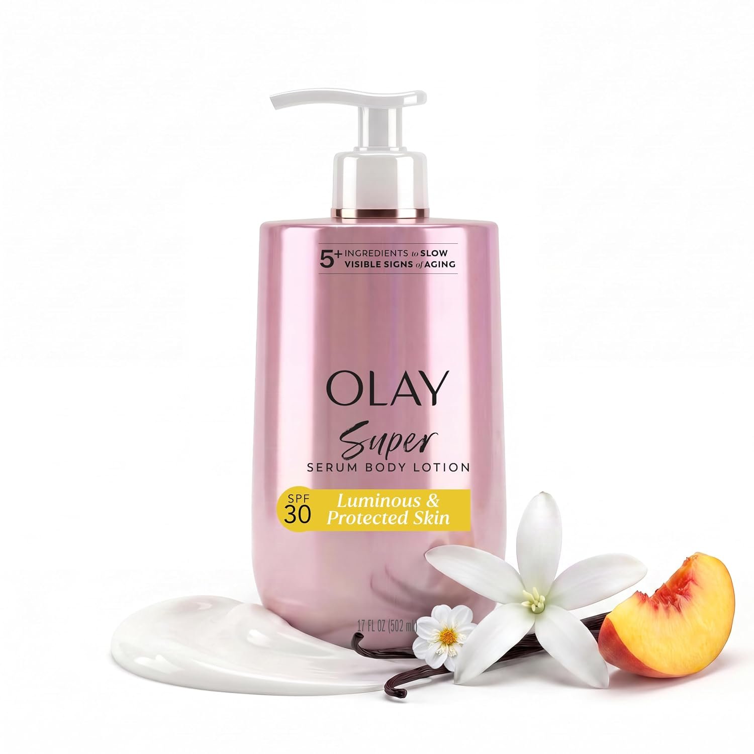 Olay Super Serum Body Lotion, SPF 30, Daily UV Protection, 24hr Long Lasting Hydration, 5+ Ingredient Complex for Bright Even Firm Luminous Skin, Prevents Aging, Peach & Sweet Cream Scent, 17 fl oz