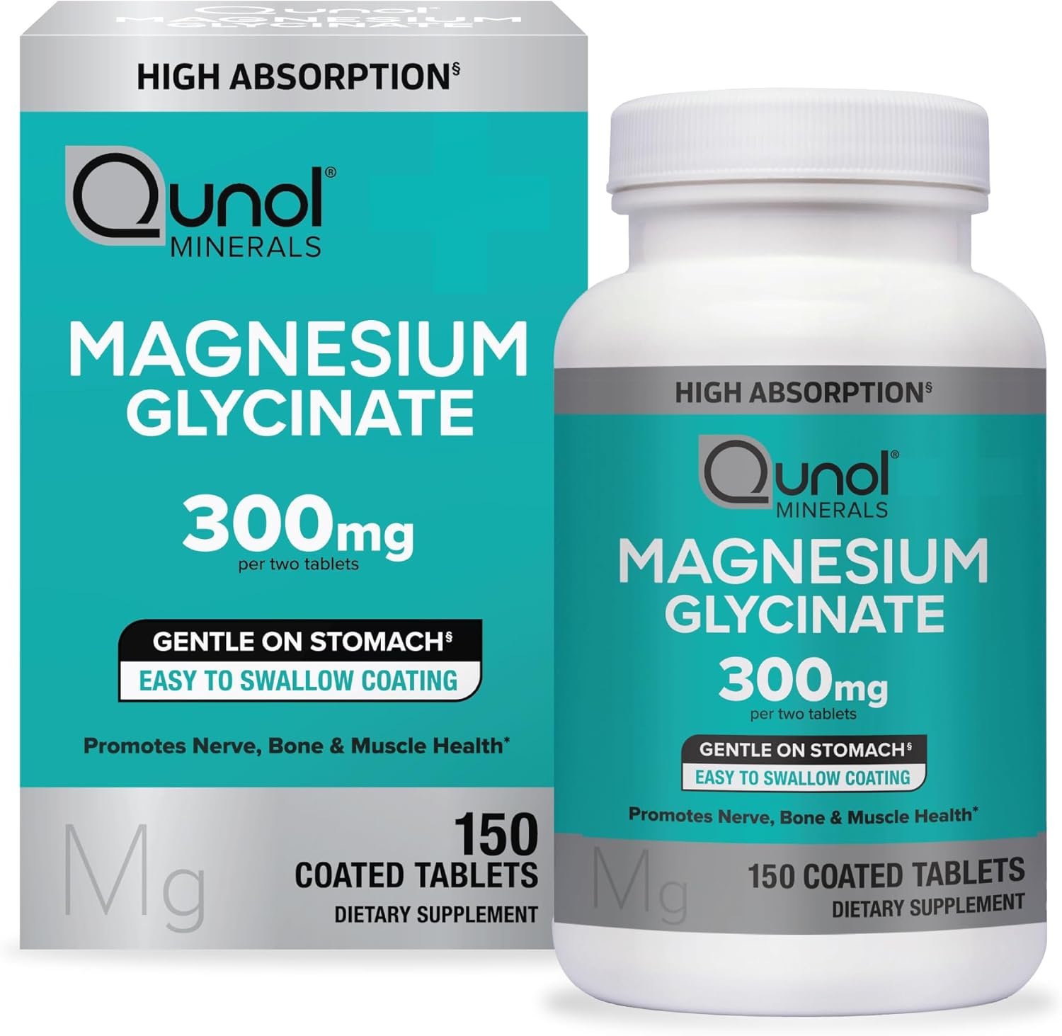 Qunol Magnesium Glycinate Tablets 300mg, 100% Chelated, Gluten-Free, 150ct