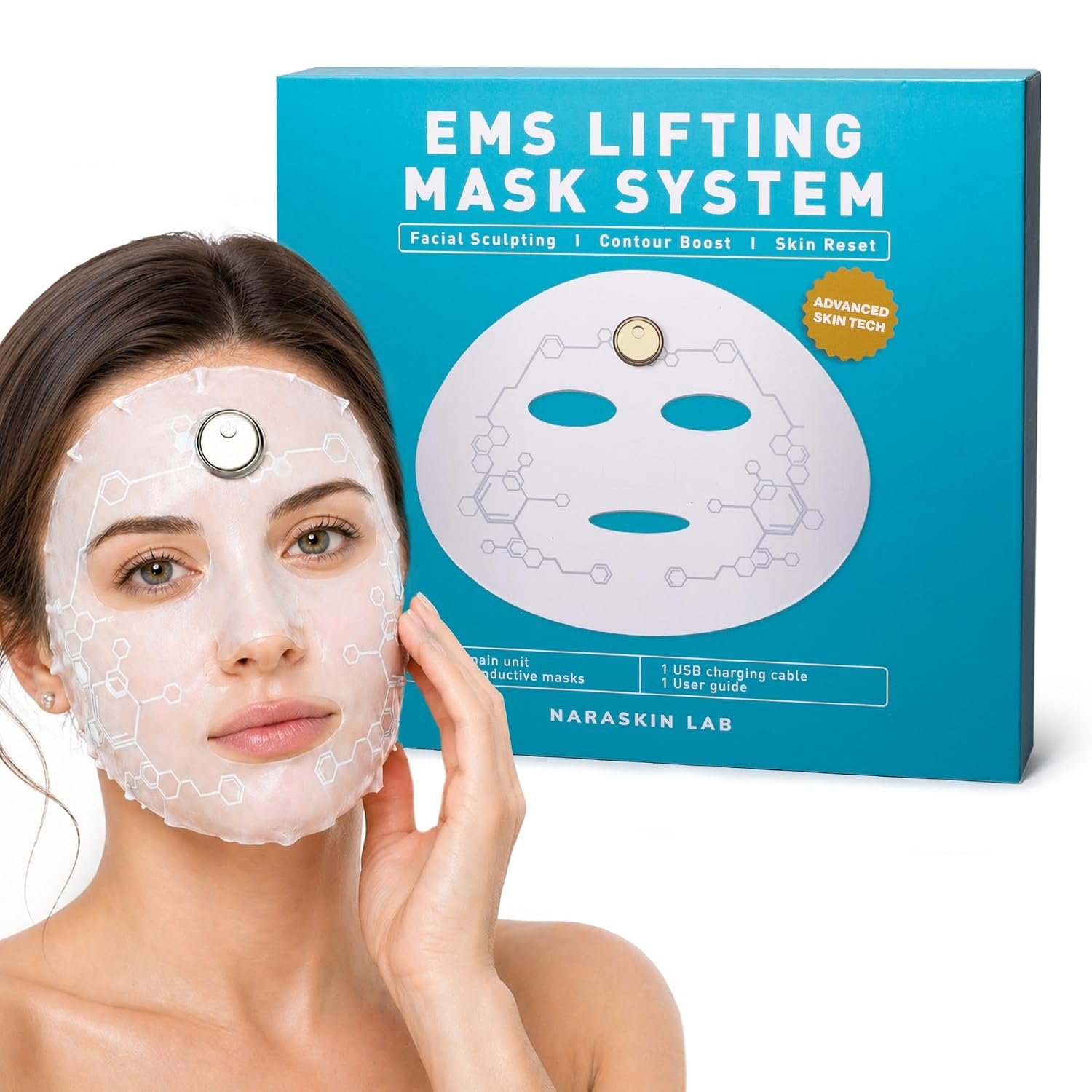 Lifting Mask System + 5 Face Masks Skincare | At Home Spa Kit for Face & Jawline, Rechargeable Face Massager for Firming & Sculpting Appearance, Conductive Facial Sheet Mask