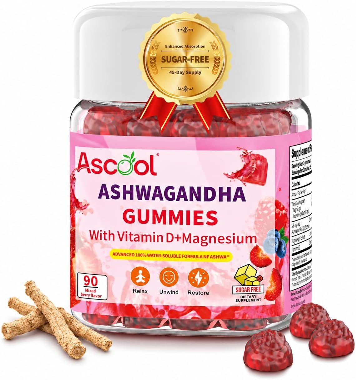 Ashwagandha Gummies for Stress Relief & Calm, 300 mg Root Extract with Magnesium and Vitamin D, Sugar-Free Vegan Supplement, 90 Count