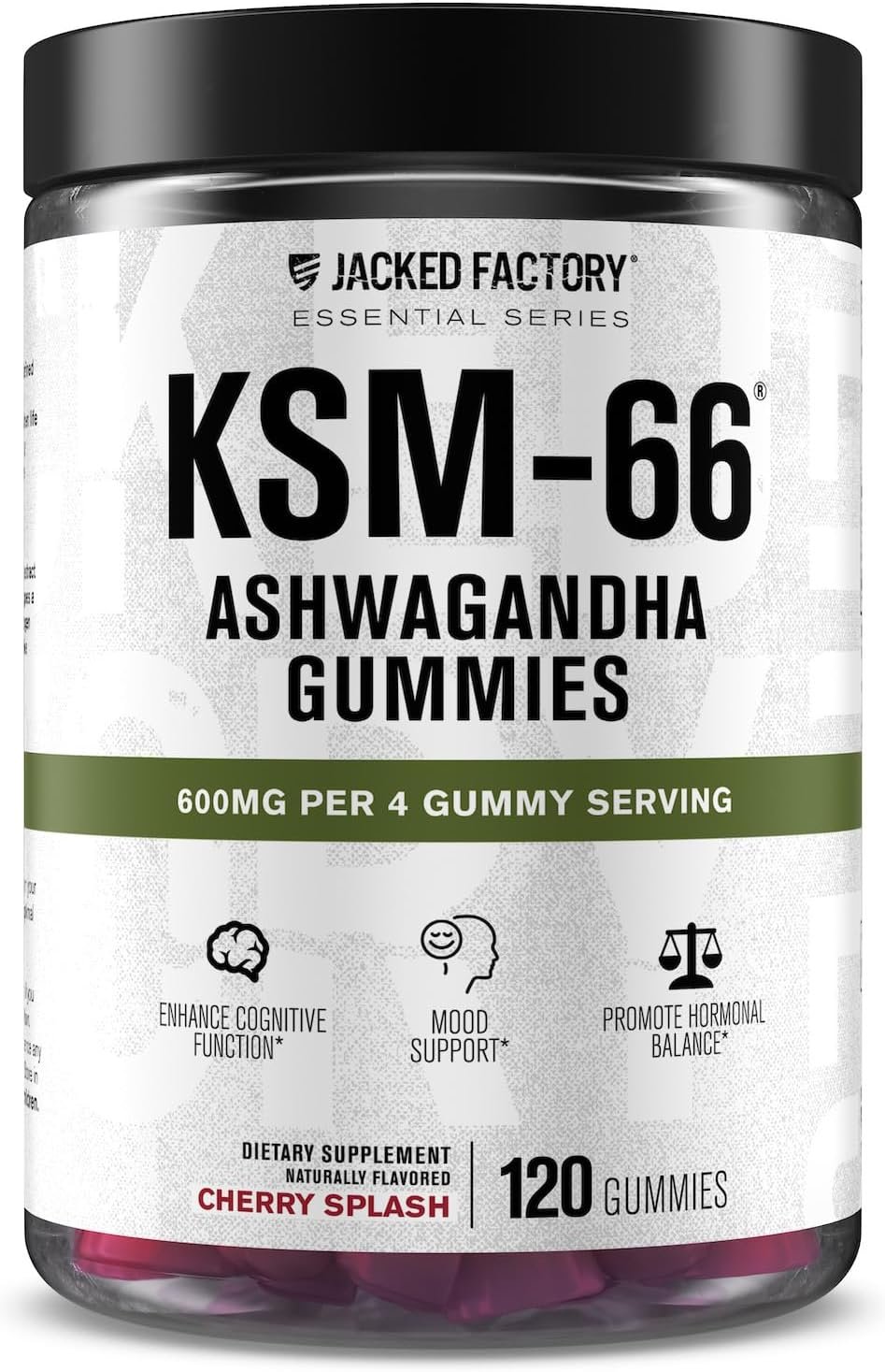 Jacked Factory Ashwagandha Gummies – KSM 66 Ashwagandha Gummies (600mg Per Serving) – Enhance Cognitive Function, Boost Mood, and Promote Hormonal Balance – 120 Gummies, Cherry Splash