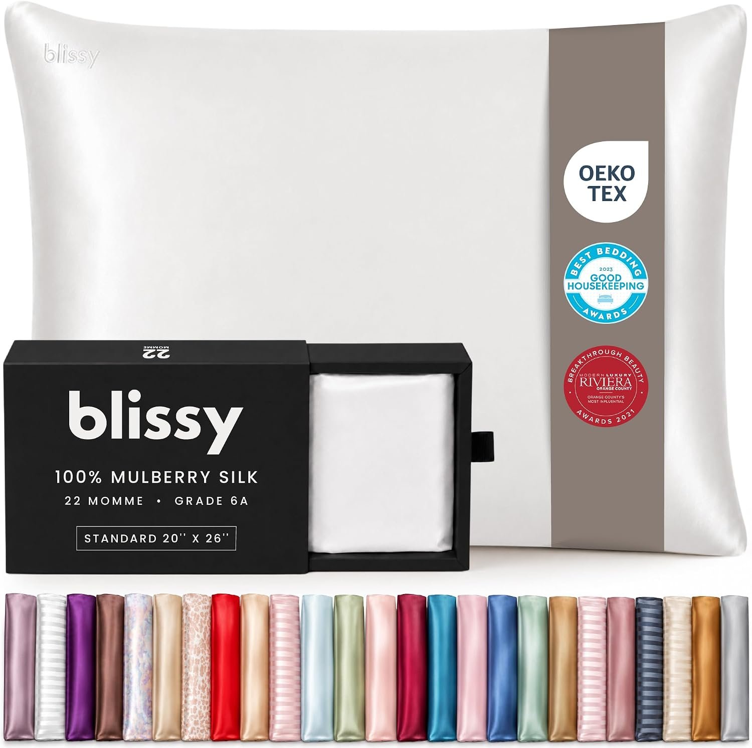 Blissy Silk Pillowcase – 100% Pure Mulberry Silk – 22 Momme 6A High-Grade Fibers – Silk Pillow Cover for Hair & Skin – Regular, Queen & King (Blissy White, Standard)