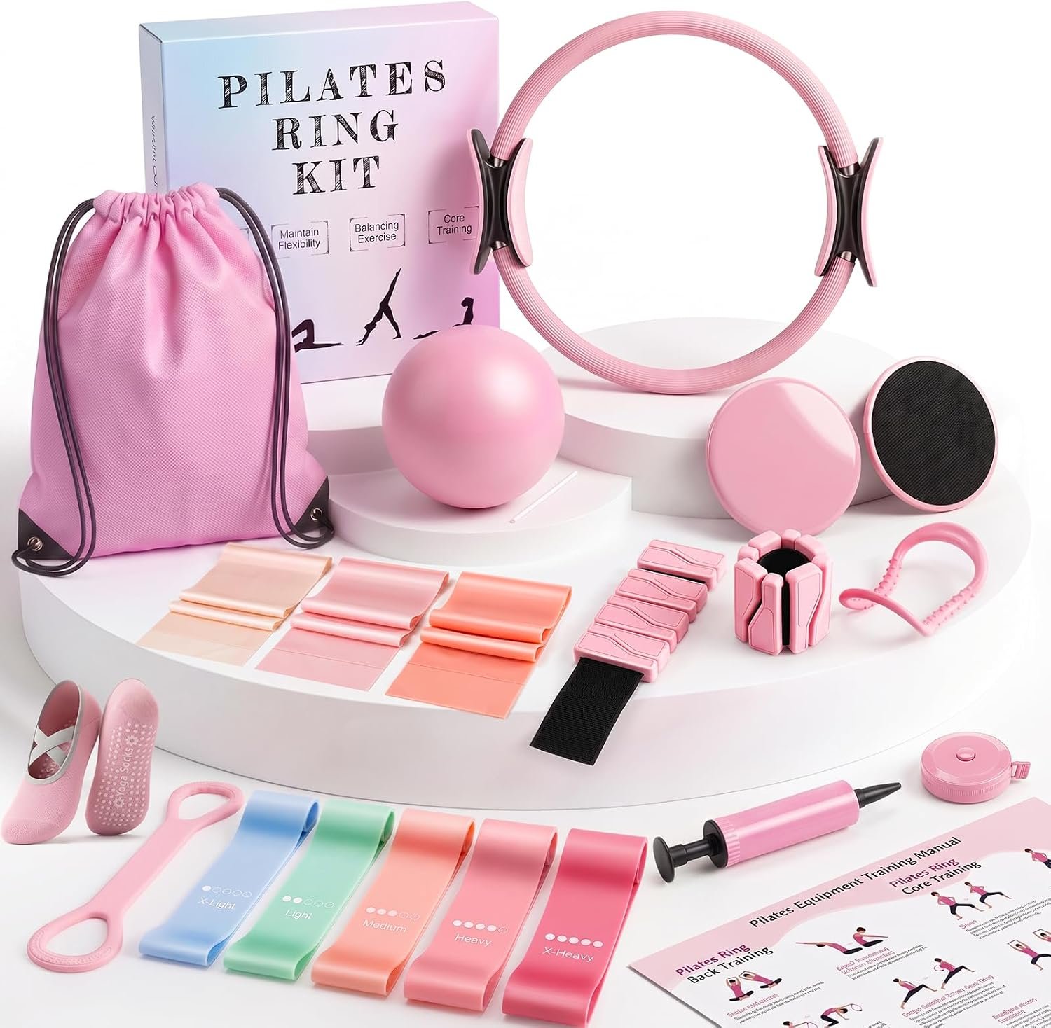 24 PCS At Home Pilates Kit for Women, Pilates Equipment with 14.5″ Pilates Ring and Ball, Ankle Weights, Bands, Slider, Stretch Ring, Grip Socks, Pilates Set Essentials for Starter Workouts