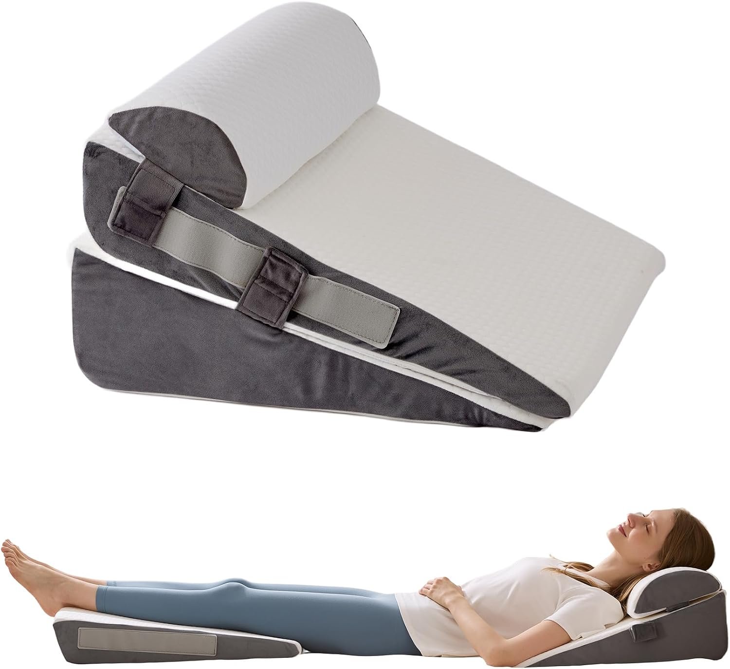 3Pcs Wedge Pillow Set for After Surgery,Acid Reflux Relief, Adjustable Bed Wedge Pillows for Sleeping,Anti Snore, Memory Foam Triangle Pillow for Back&Neck&Shoulder Pain Relief, White&Grey