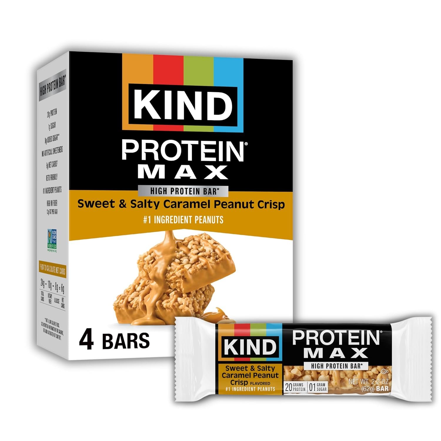 KIND Protein MAX Bars, Sweet & Salty Caramel Peanut Crisp, Gluten Free, Low Sugar, High Fiber Snacks, 20g Protein, 4 Count