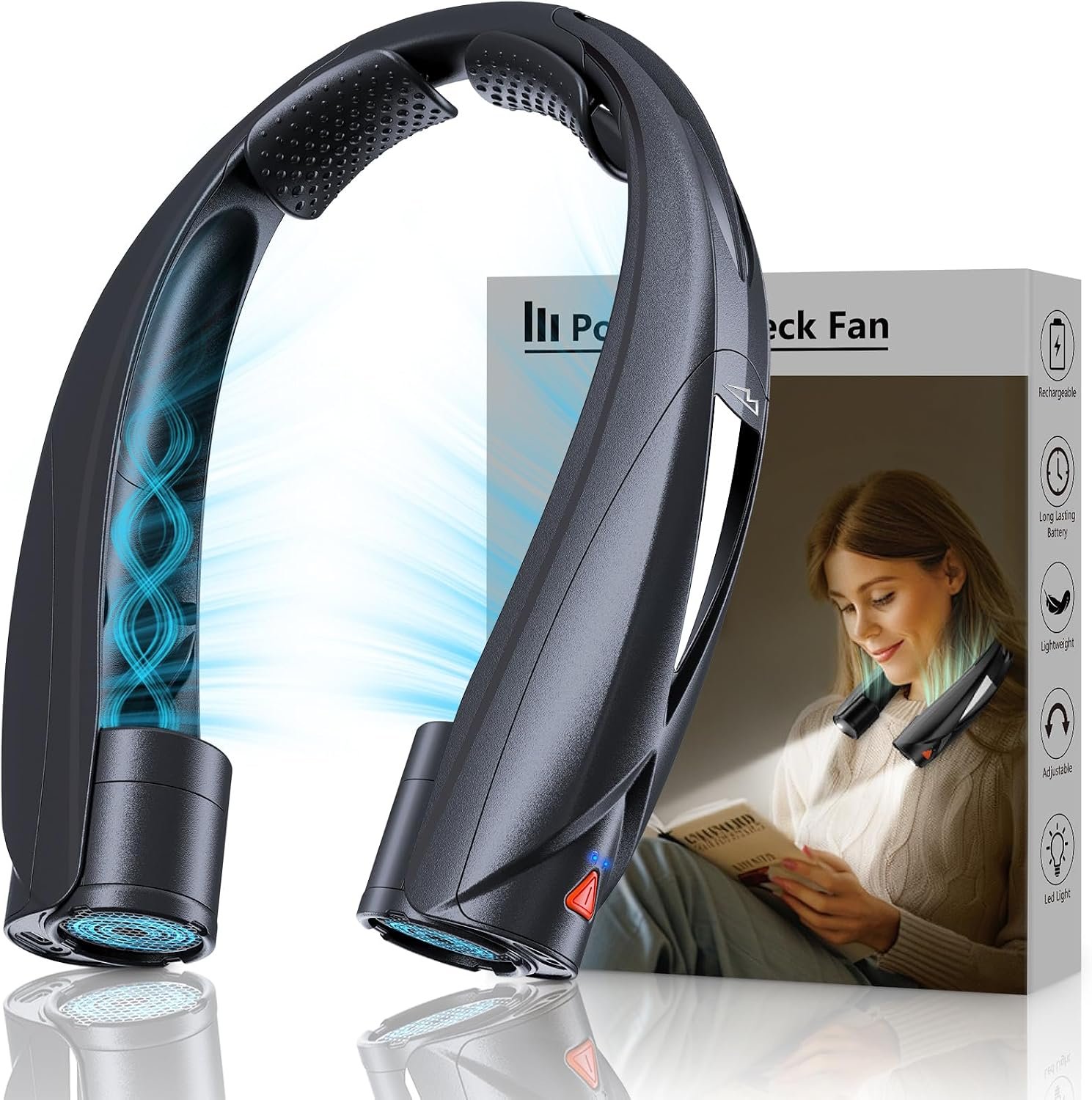Laimiod Neck Fan – Portable Neck Fan with LED Book Light, 6-20h Long Battery Life, 6 Speeds Adjustable, USB-C Rechargeable, Hands-Free Wearable Fan, Cooling Personal Fan Gifts for Men Women Dad Mom