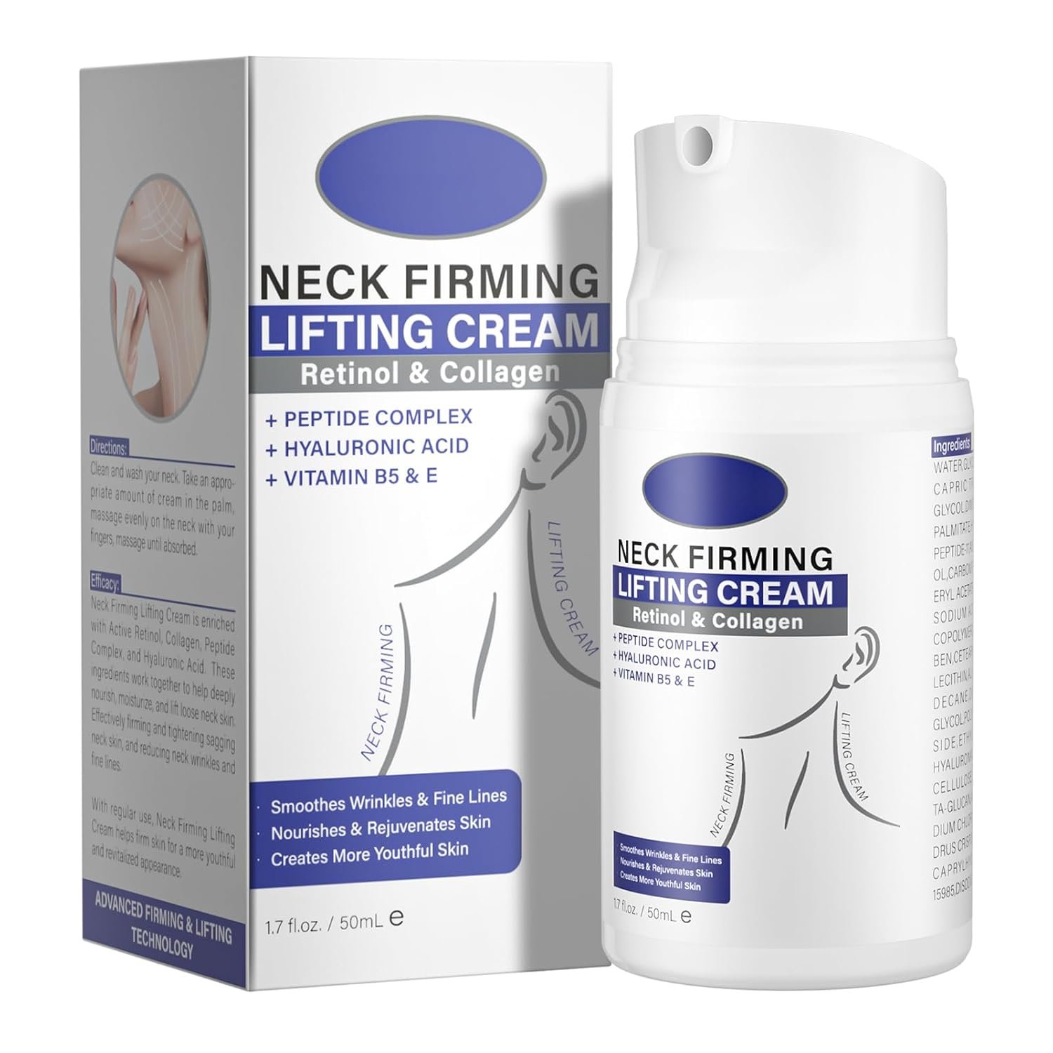 Neck Firming Lifting Cream with Retinol, Peptide Complex & Hyaluronic Acid – Smooths Wrinkles, Tightens Sagging Skin & Rejuvenates Neck for Youthful Appearance (1.7 fl.oz / 50mL)