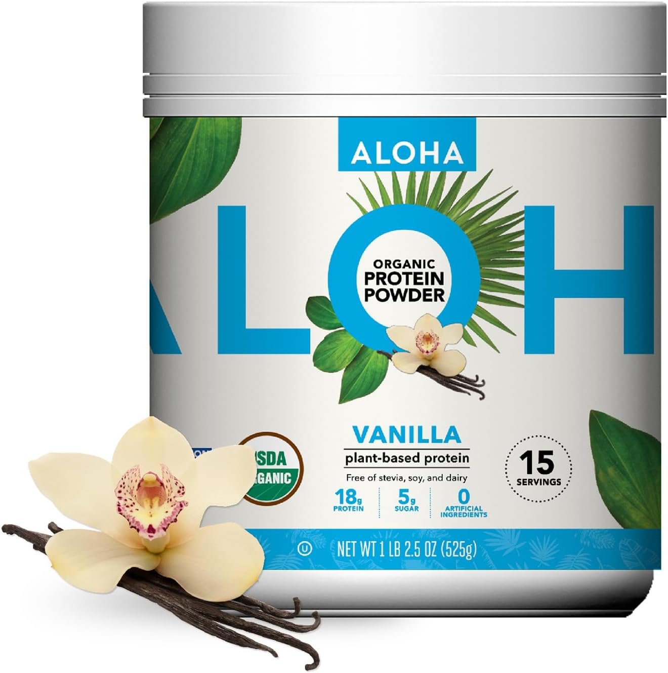 ALOHA Organic Plant Based Protein Powder, Stevia Free, Vanilla, 19.6 oz, 15 Servings PACKAGING MAY VARY