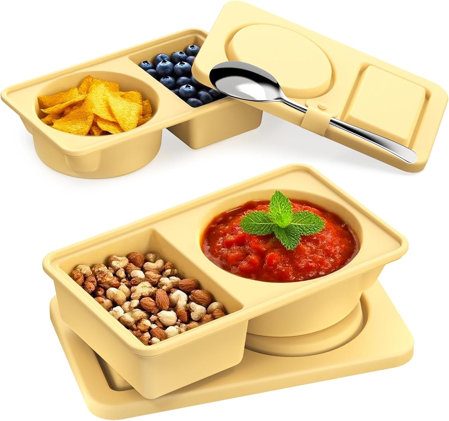 Reusable Snack Containers with Lids Silicone, 2 Pack 2/Double Compartment Snackle Box Containers for Adults Portion Control Lunches Picnics Parties, BPA-Free, Microwave Safe（Yellow）