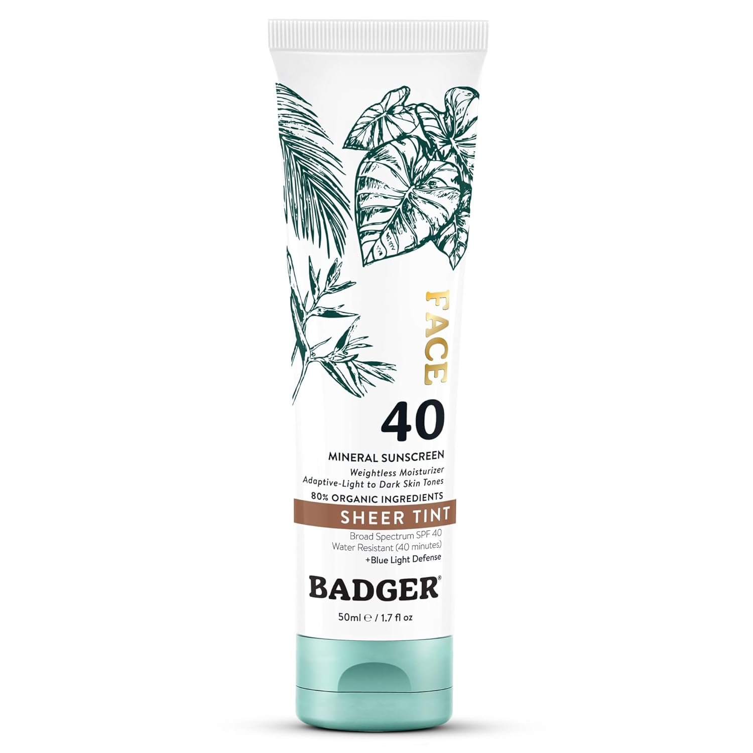 Badger Tinted Mineral Sunscreen for Face SPF 40, No White Cast, 1.7 fl oz