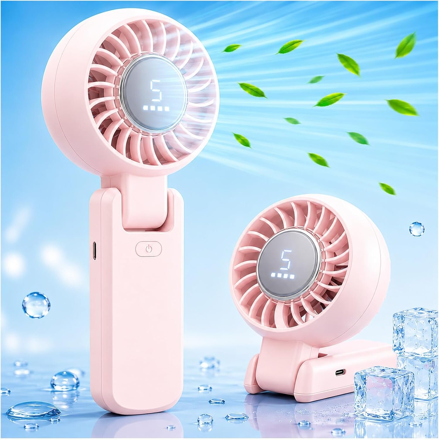 ZOZOO Portable Handheld Fan, 5 Gear High Speed, Rechargeable Mini Personal Hand Fan, Up to 14 Working Hours, 3 IN 1 for Travel, Beach Vacation, Camping, Gifts for Women, (Pink)