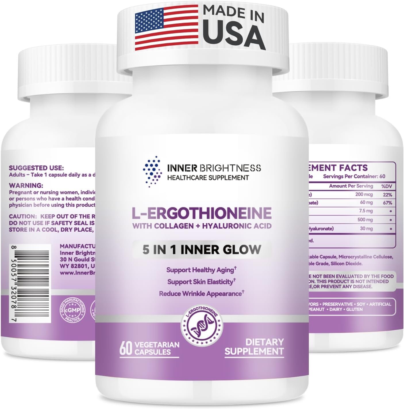 Inner Brightness L-Ergothioneine Supplements with Hyaluronic Acid & Collagen for Women, Non-GMO, Gluten Free, Vegan, Promotes Longevity & Healthy Aging, 60 Capsules