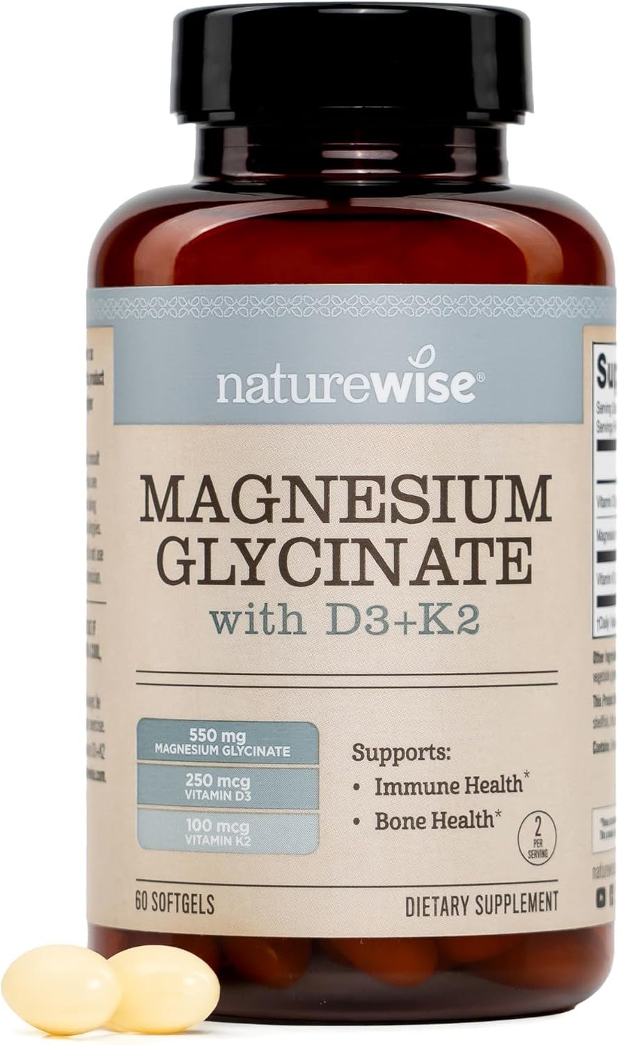 NatureWise Magnesium Glycinate 550mg + High-Dose 10000 IU Vitamin D3 K2 100 mcg – D3 K2 Magnesium Supplement – Chelated for High Absorption – Bone Support – Non-GMO, USA Manufactured – [30-Day Supply]