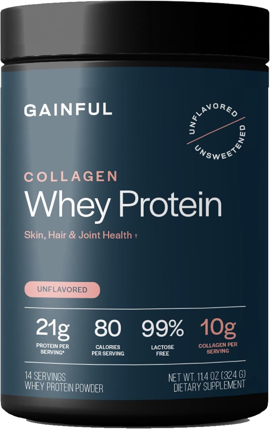 Gainful Collagen Whey Protein Powder, 21g Protein, Unflavored, 14 Servings
