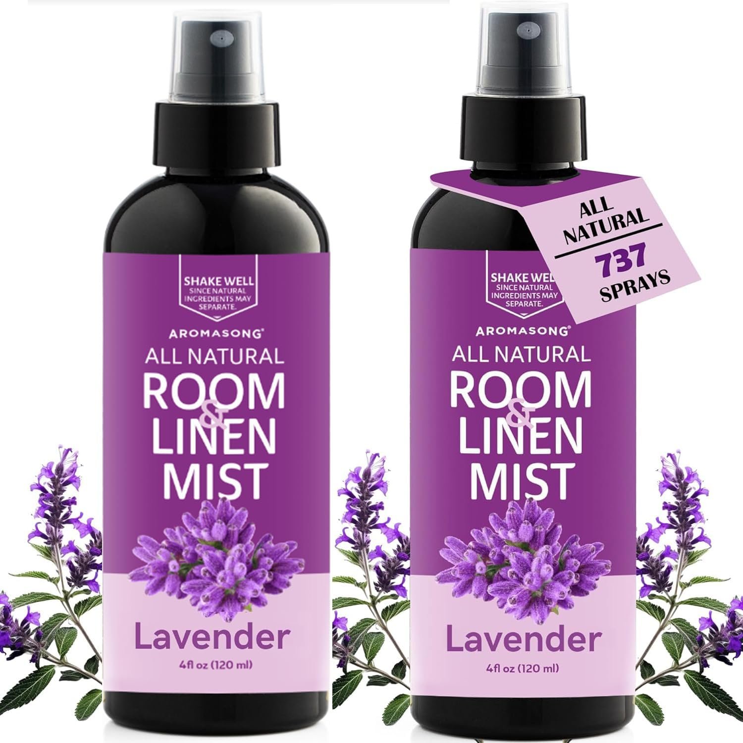 Aromasong 100% Natural Lavender Spray | 2-Pack | for Relaxing – Room & Linen Spray for Sleeping – Calming Essential Oil for Pillows and Sheets 4 Fl Oz