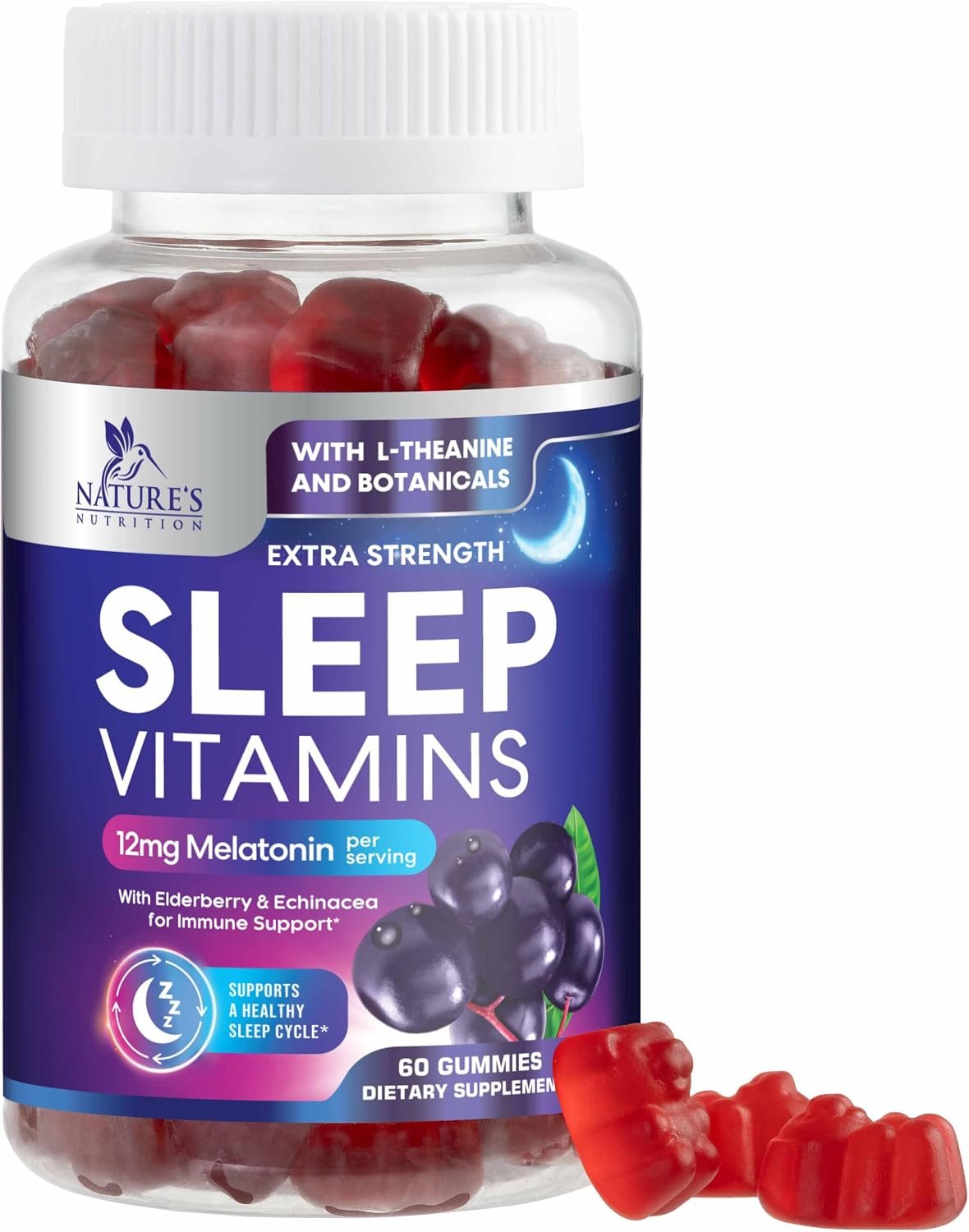 Sleep Gummies – 12 mg Melatonin – Extra Strength Sleep Vitamin Gummy with Melatonin, L-Theanine & Chamomile – Natural Non-Habit Forming Adult Sleep Support Supplement, Berry Flavored – 60 Gummies