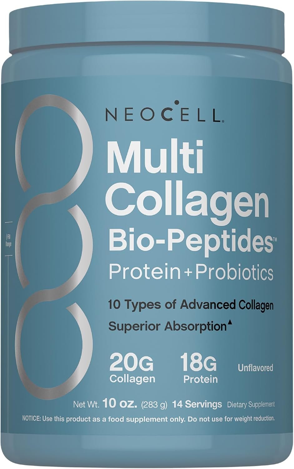 NeoCell Multi Collagen Bio-Peptides Powder | 10oz | Advanced with Hyaluronic Acid and Vitamin C | 10 Super Types of Collagen | Superior Absorption | Grassfed Protein Supplement