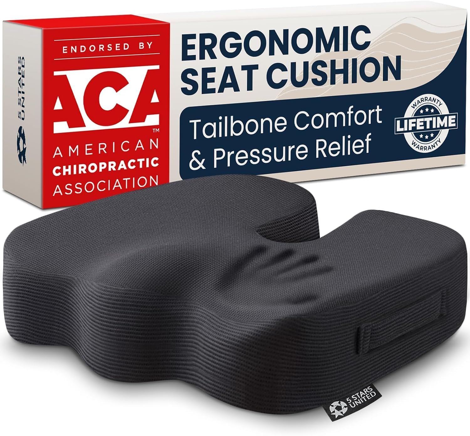 5 STARS UNITED Seat Cushion – Memory Foam Chair Cushion for Tailbone Pain Relief – Ergonomic Support for Coccyx, Sciatica & Butt – Office, Desk & Gaming Chair, Car Seat, Wheelchair, Airplane, Black