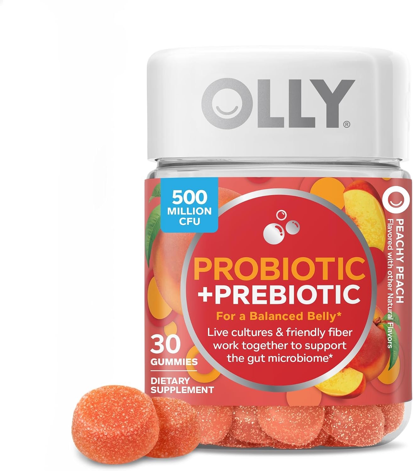 OLLY Probiotic + Prebiotic Gummy, 500 million CFUs, Peachy Peach – 30 Count