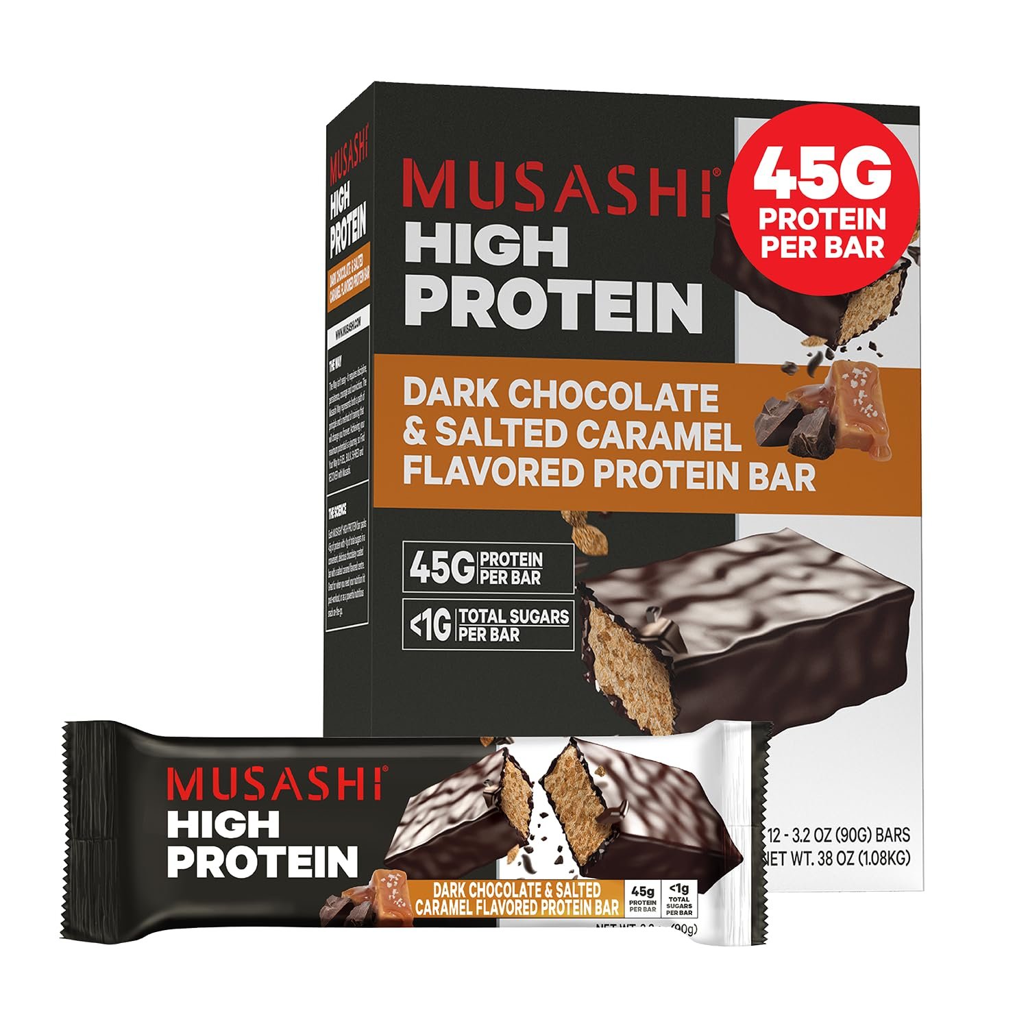 MUSASHI High Protein Bar, 45g Protein, Dark Chocolate & Salted Caramel