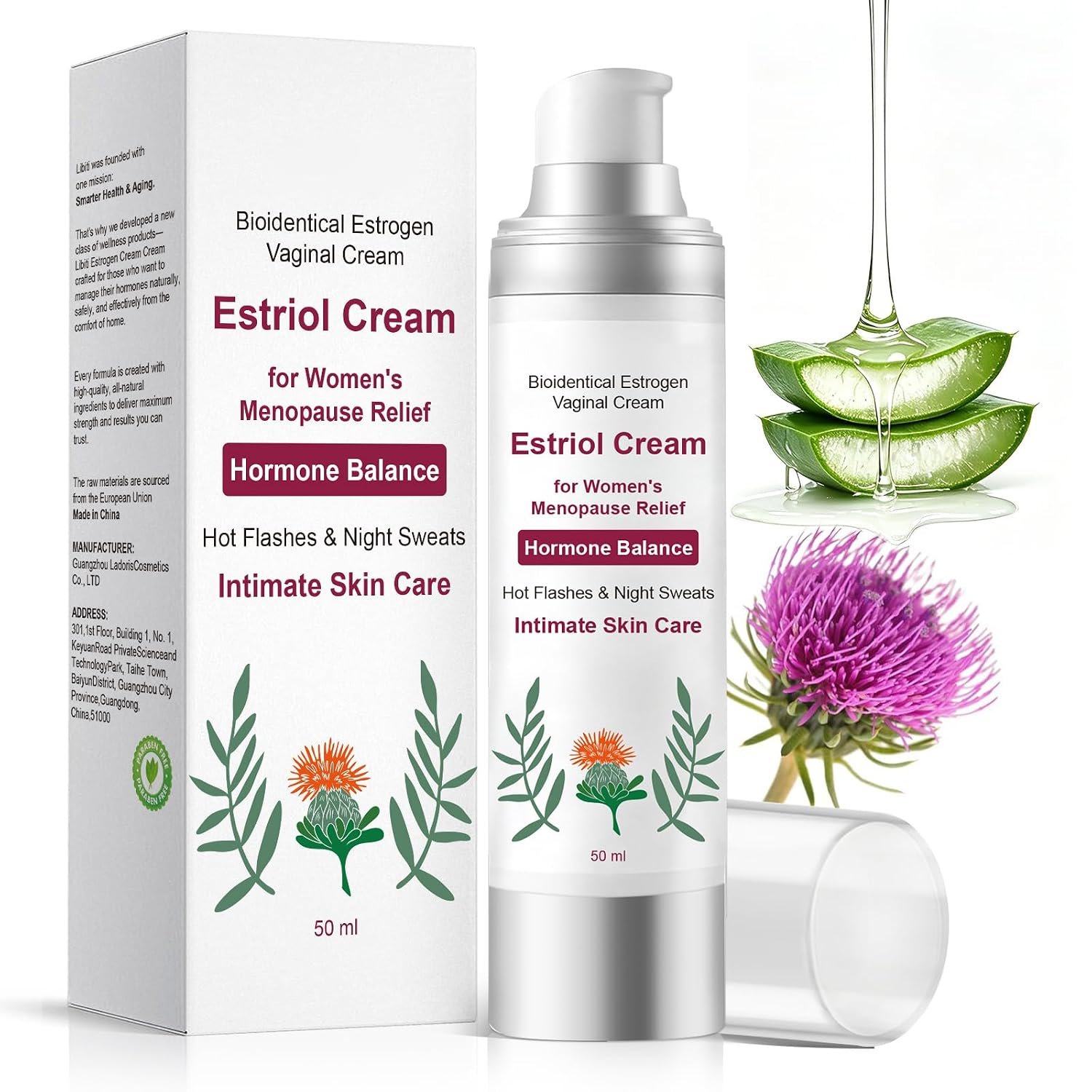 Estriol Cream for Women, Bioidentical Estrogen Cream Vaginal Moisturizer, Supports Hormone Balance, Relief for Dryness, Hot Flashes & Night Sweats, 50g