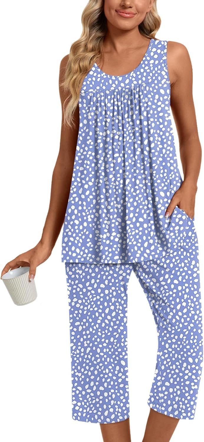 Womens Pajama Sets Sleeveless and Capri Pjs Set 2 Piece Summer Sleepwear with Pockets Soft Loungewear