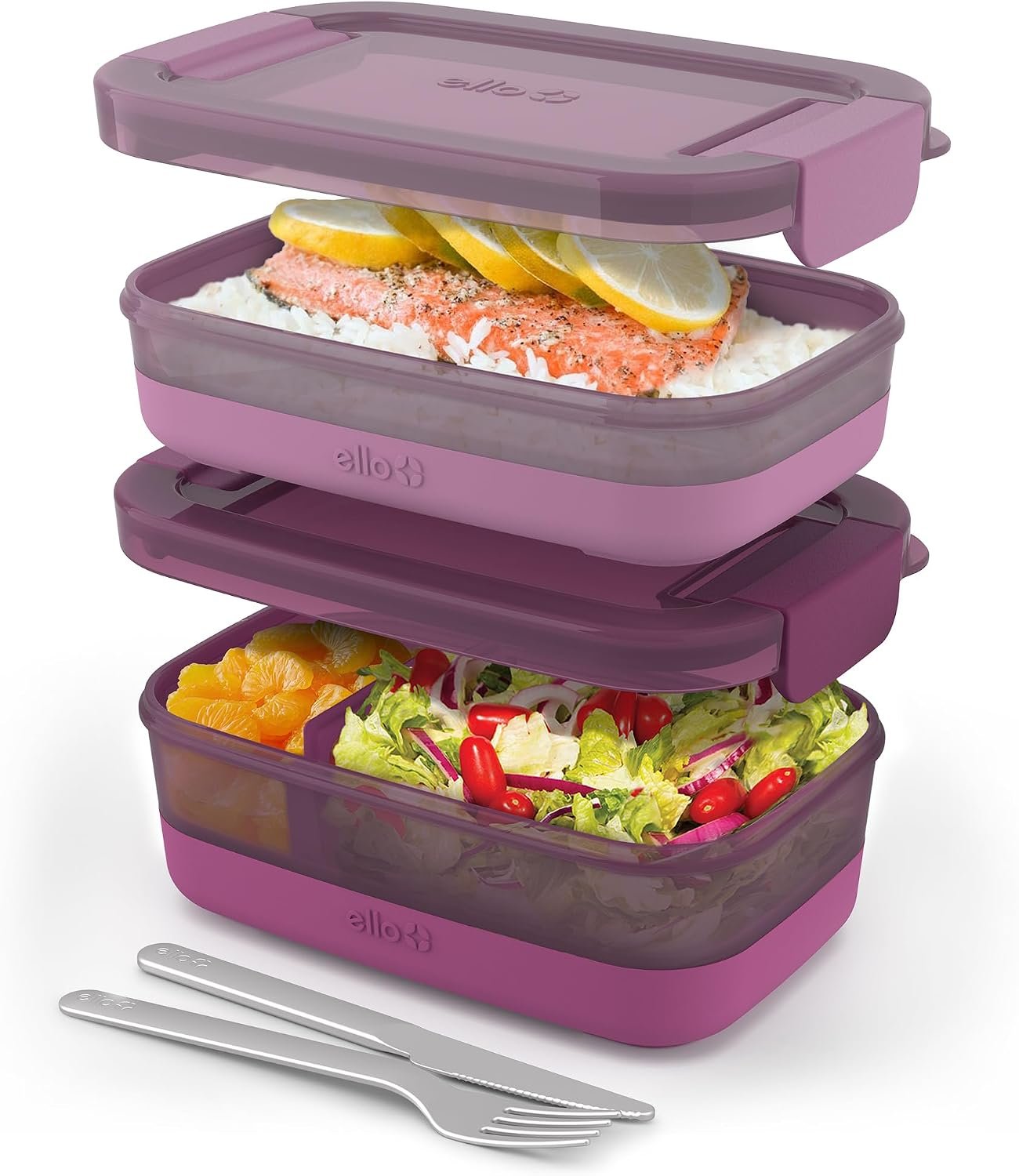 Ello Lunch Stack Bento Box Plastic Food Containers, 2 Pack, Raspberry